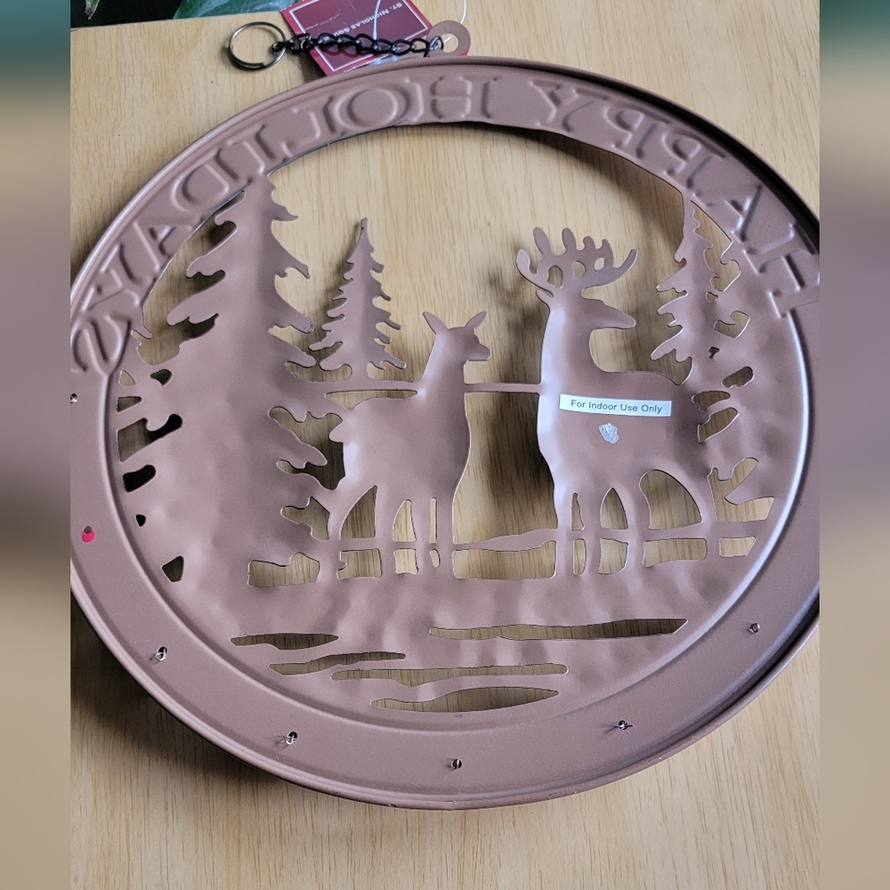 St. Nicholas Square Red and Brown Deer Metal Holiday Wreath With Bells. - Picture 4 of 10